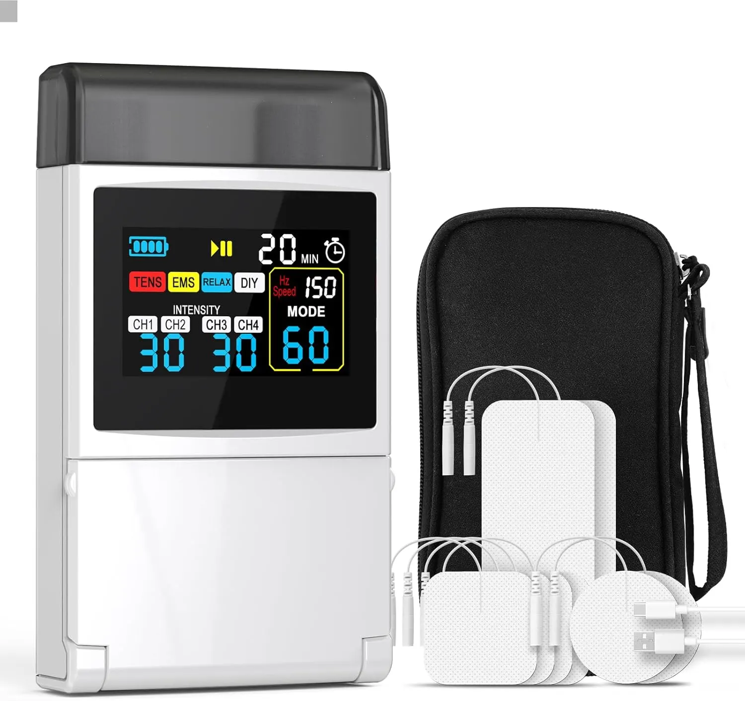 NexMedio TENS EMS kit with device, electrode pads, lead wires, and accessories