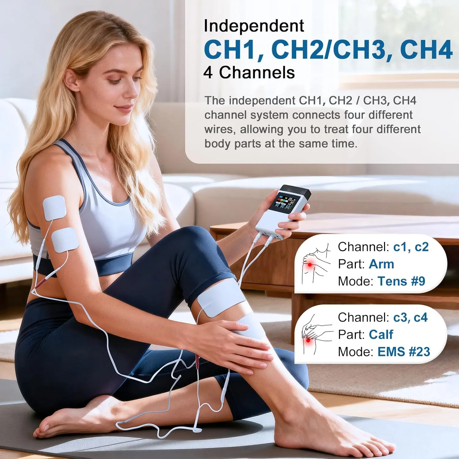NexMedio TENS EMS unit and electrode pads arranged for a home comfort routine
