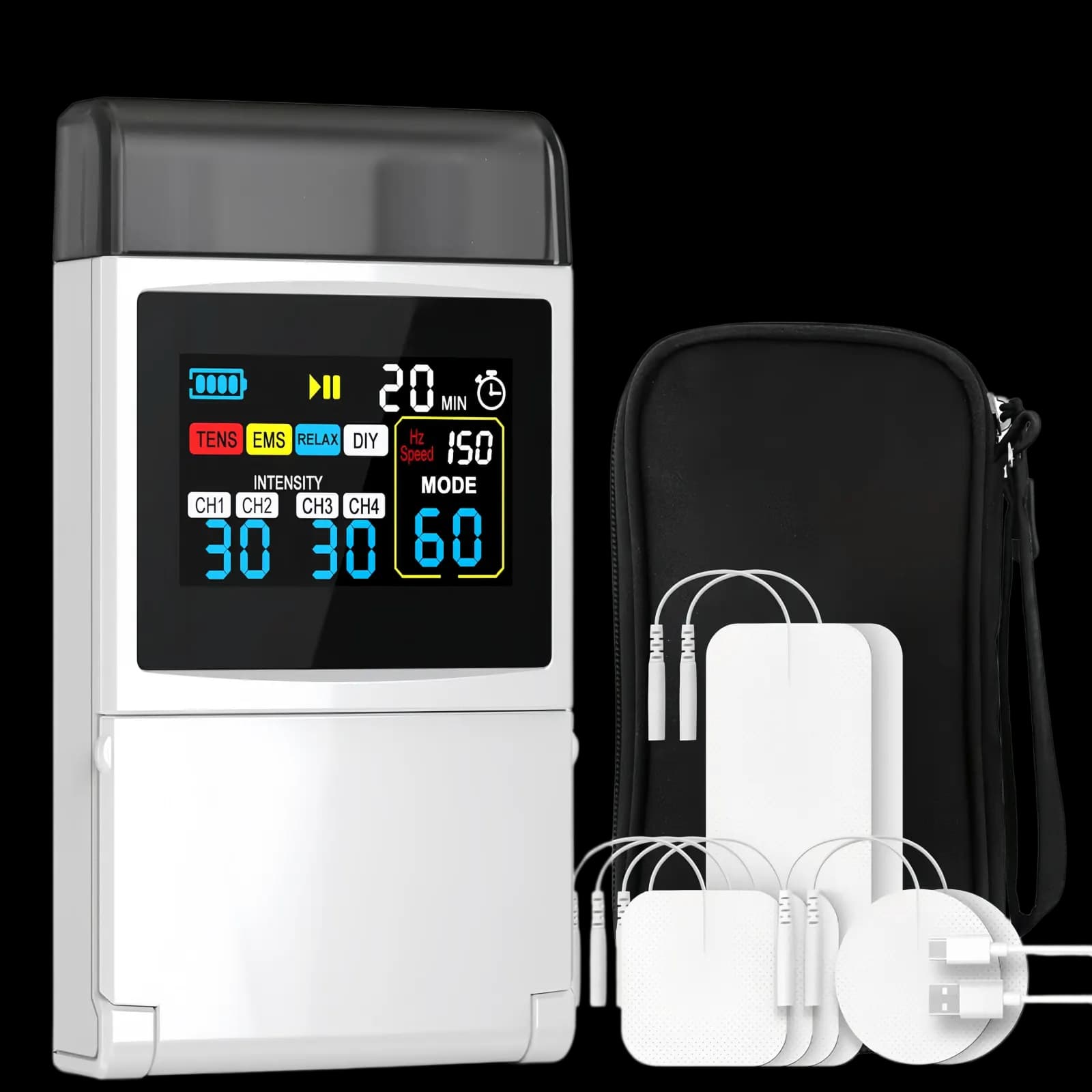 NexMedio TENS EMS muscle stimulator with electrode pads and accessories